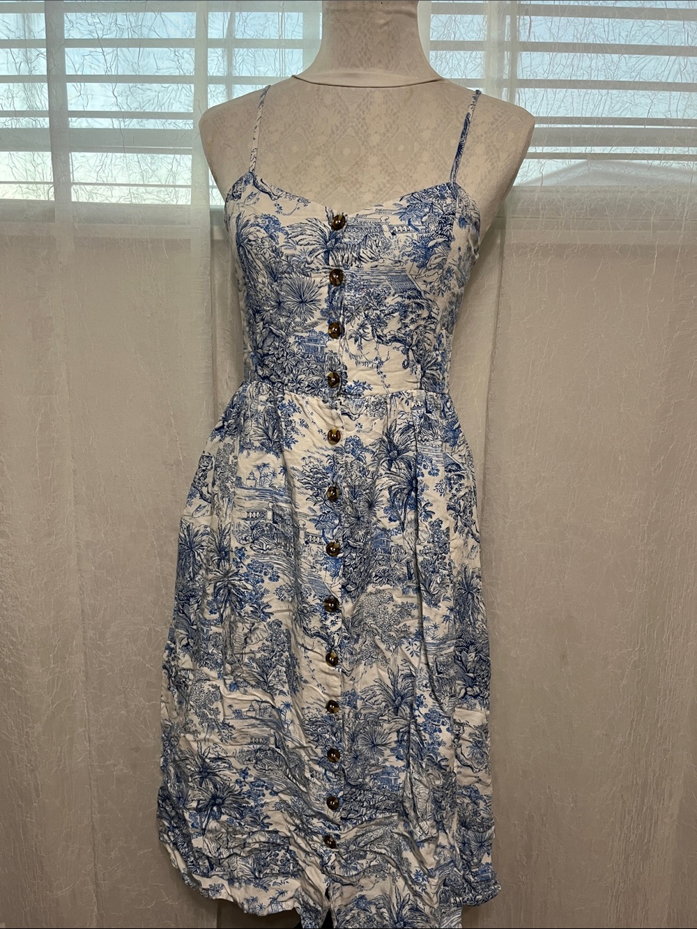 H&M Blue White Toile De Jouy Linen Blend Button Midi Dress Womens